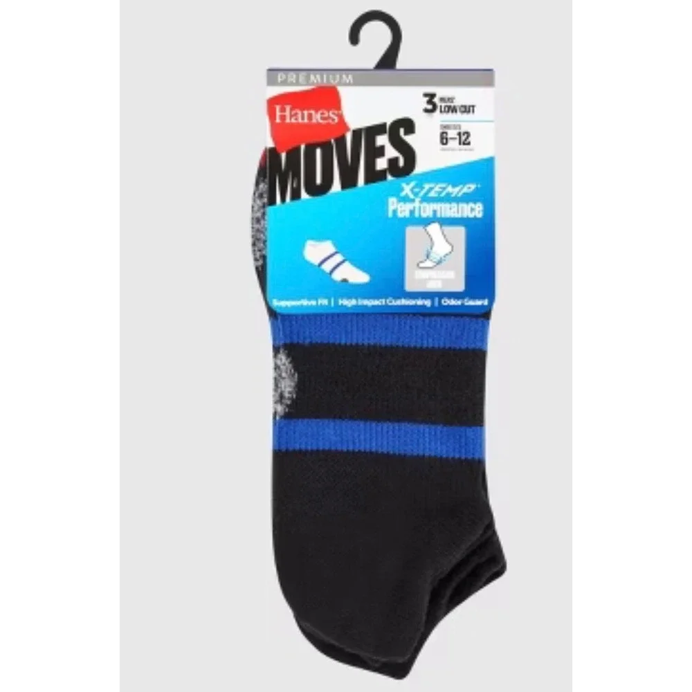 Hanes Moves X-Temp Performance Mens Low Cut Socks 3‎ Pair Black Blue Size 6-12